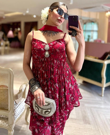 Pink georgette printed dhoti suit