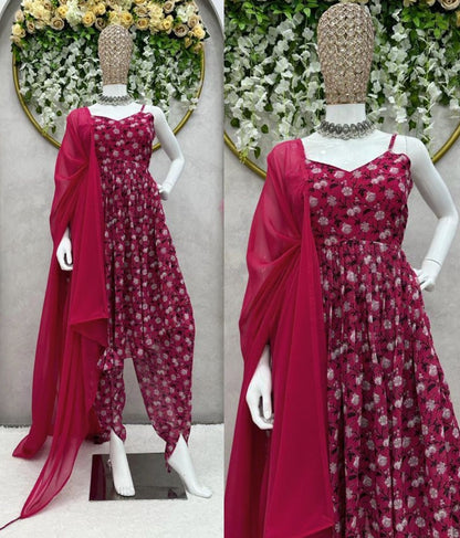 Pink georgette printed dhoti suit