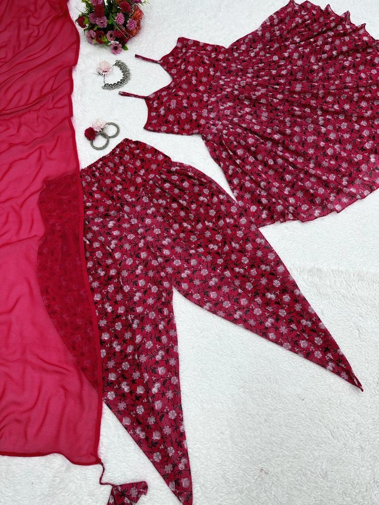 Pink georgette printed dhoti suit