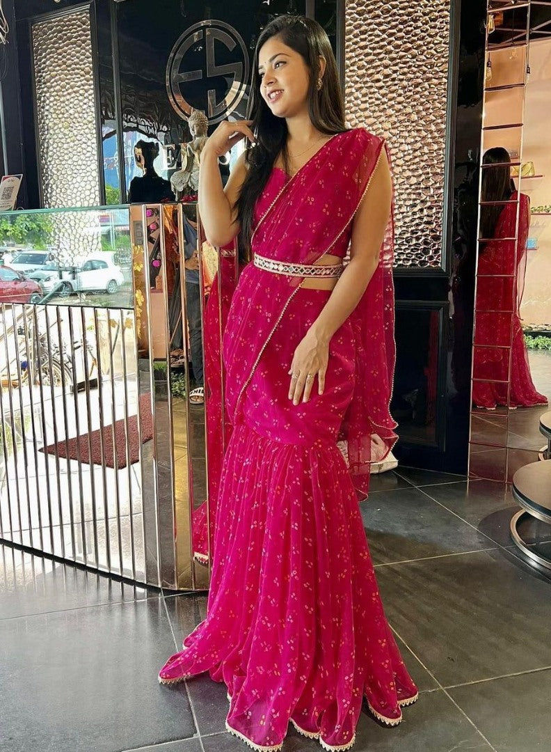 Pink georgette printed lehenga saree