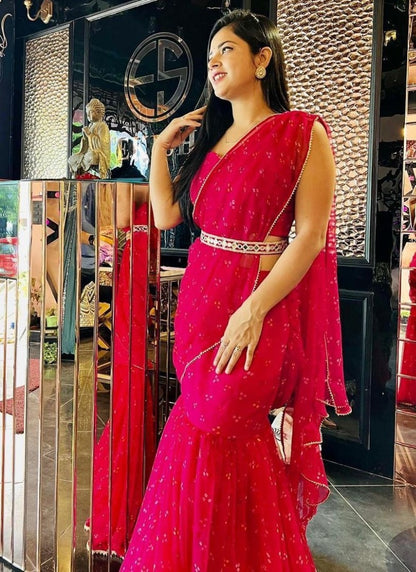 Pink georgette printed lehenga saree