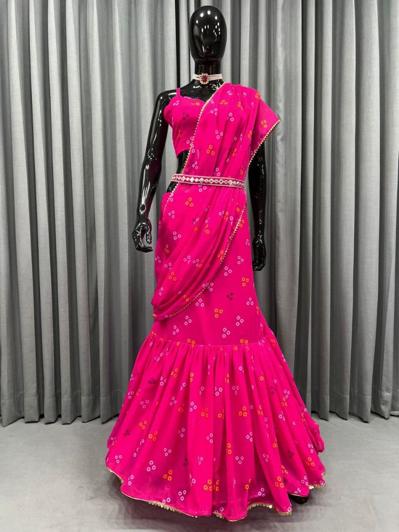 Pink georgette printed lehenga saree