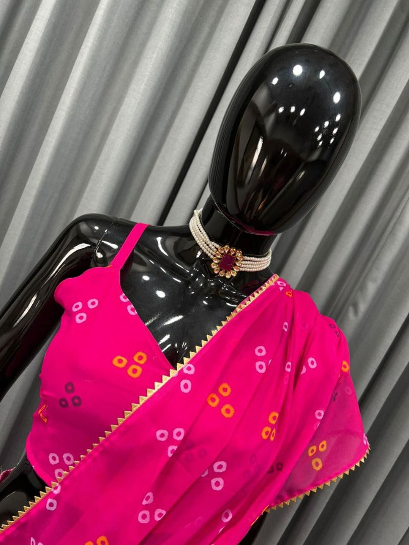 Pink georgette printed lehenga saree