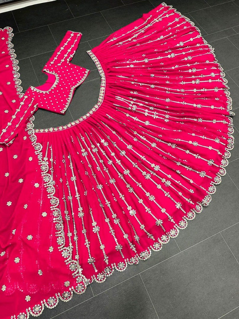 Pink georgette sequence embroidery work wedding lehenga choli