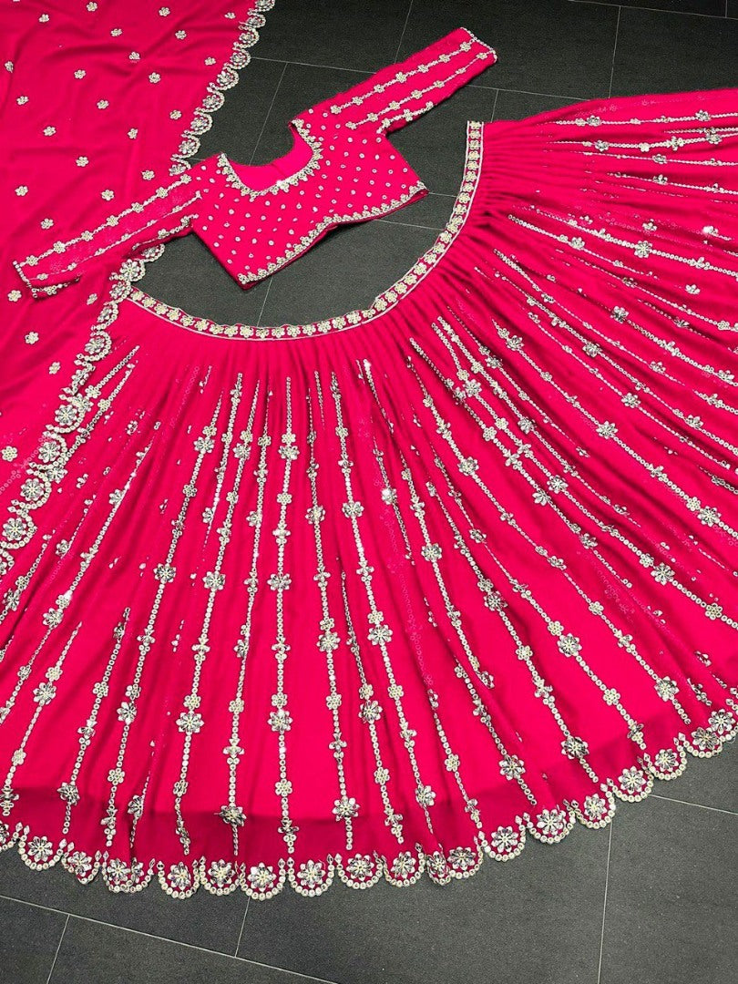 Pink georgette sequence embroidery work wedding lehenga choli