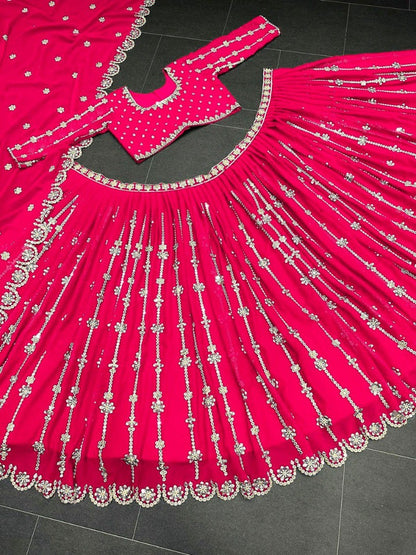 Pink georgette sequence embroidery work wedding lehenga choli