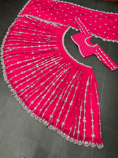 Pink georgette sequence embroidery work wedding lehenga choli