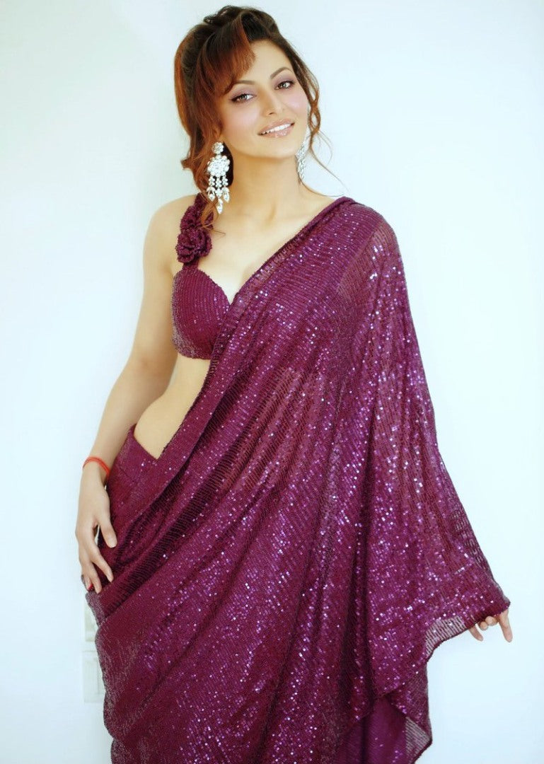 Pink georgette sequence work partywear saree