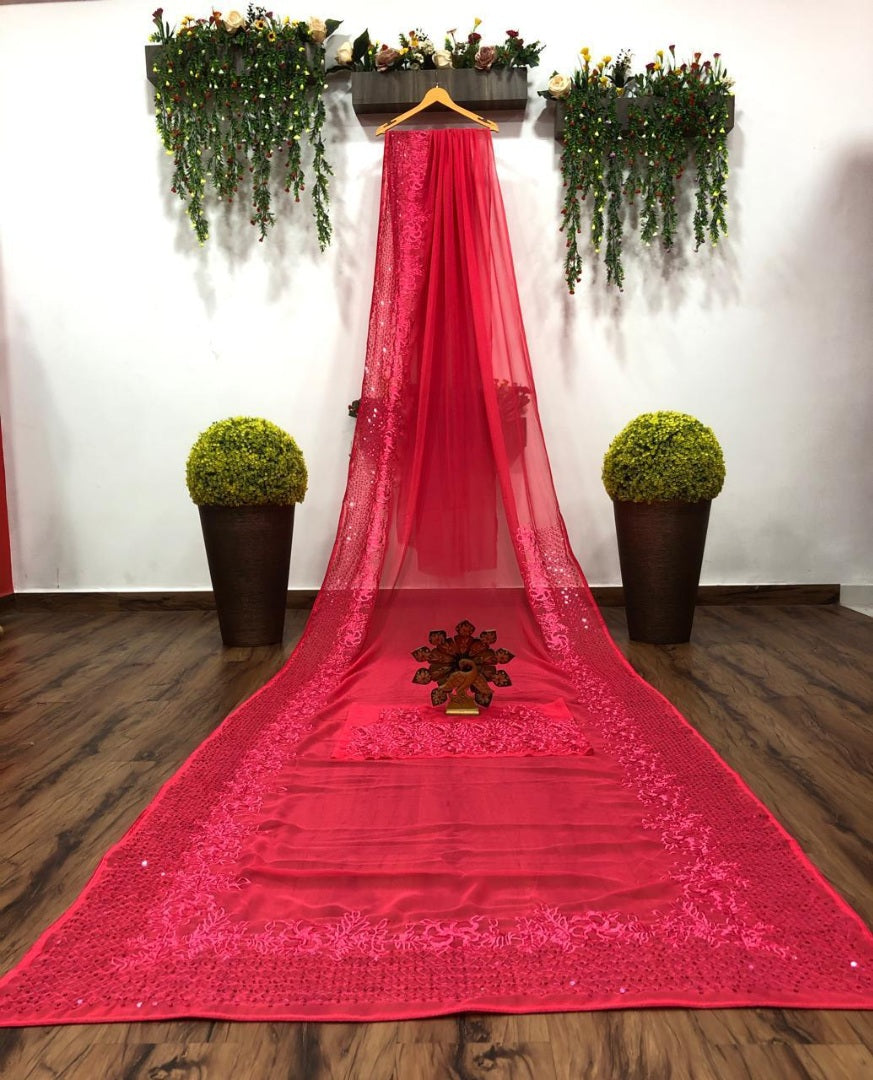 Pink georgette sequence work partywear saree