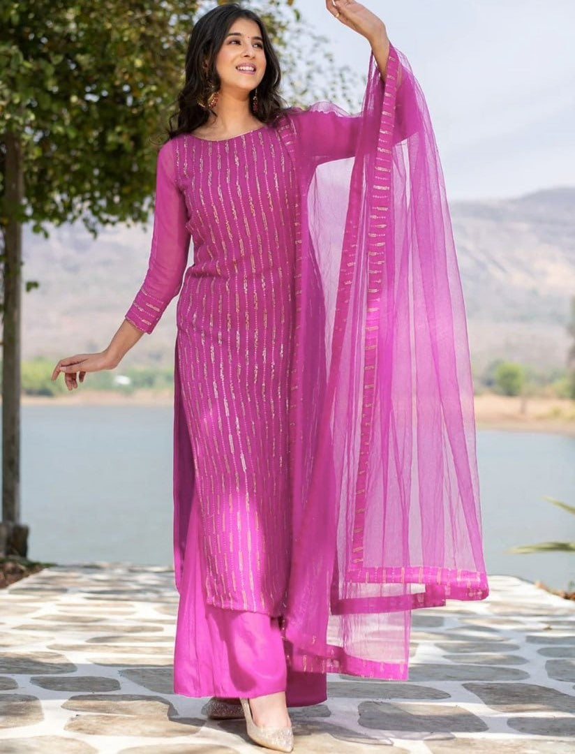 Pink georgette sequence work plazzo suit