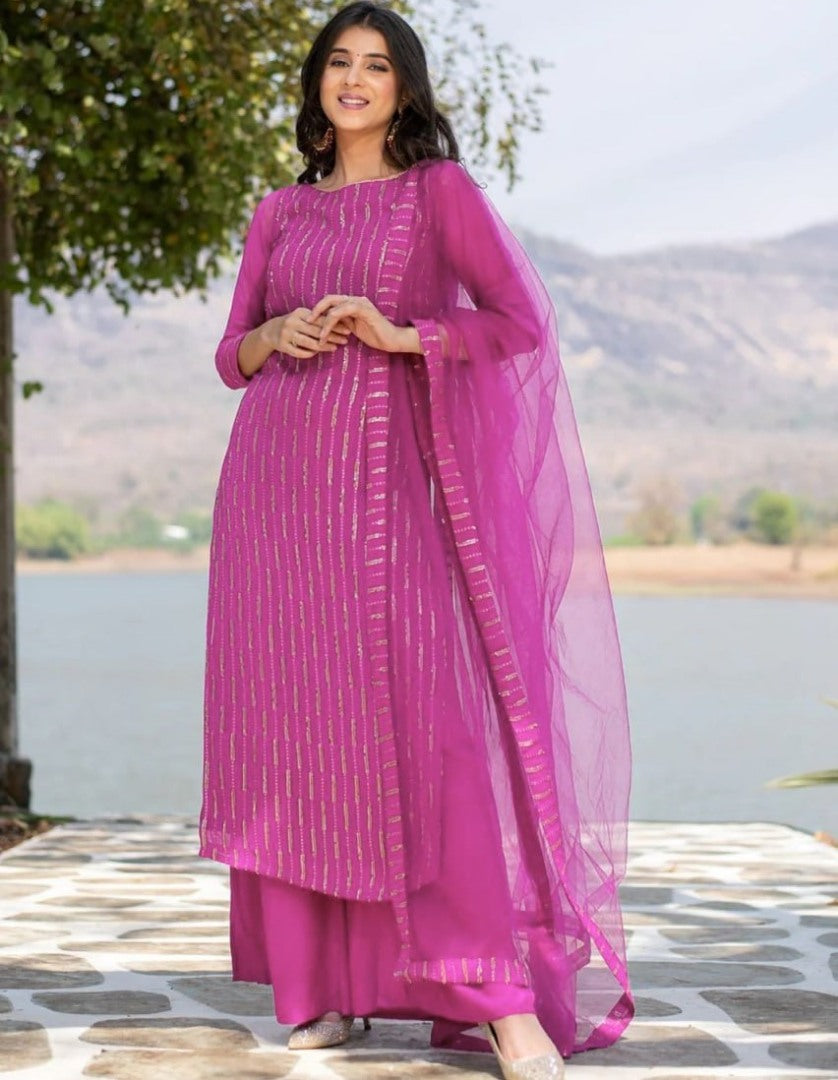 Pink georgette sequence work plazzo suit