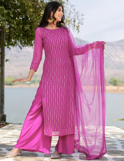 Pink georgette sequence work plazzo suit