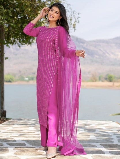 Pink georgette sequence work plazzo suit