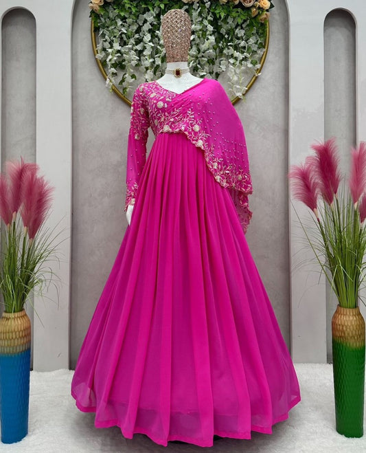 Pink georgette thread sequence and pearl work ceremonial gown