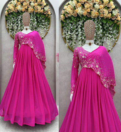 Pink georgette thread sequence and pearl work ceremonial gown