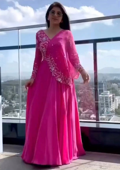 Pink georgette thread sequence and pearl work ceremonial gown