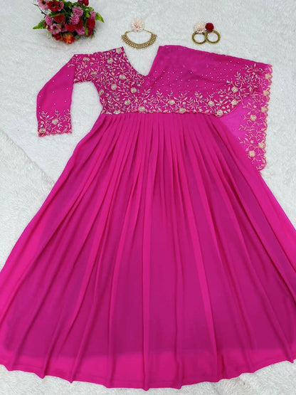 Pink georgette thread sequence and pearl work ceremonial gown