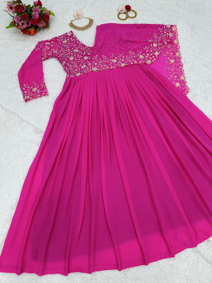 Pink georgette thread sequence and pearl work ceremonial gown