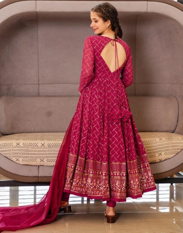 Pink georgette thread sequence work wedding anarkali suit
