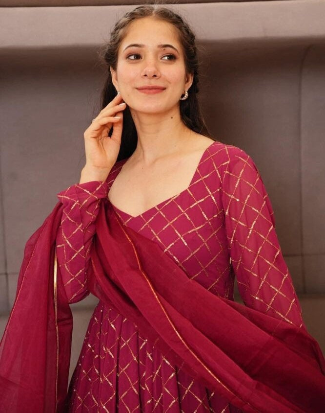 Pink georgette thread sequence work wedding anarkali suit