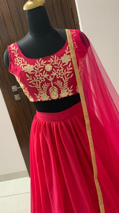 Pink georgette thread work ceremonial lehenga choli