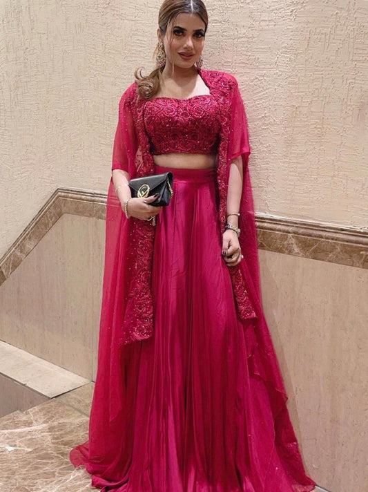 Pink georgette thread work party wear lehenga choli with shrug