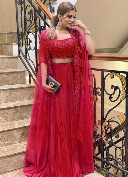 Pink georgette thread work party wear lehenga choli with shrug