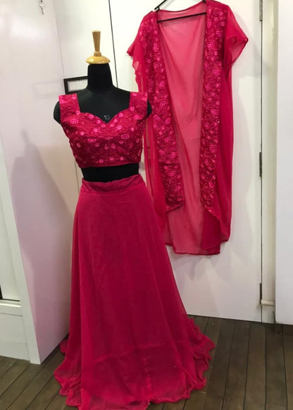 Pink georgette thread work party wear lehenga choli with shrug
