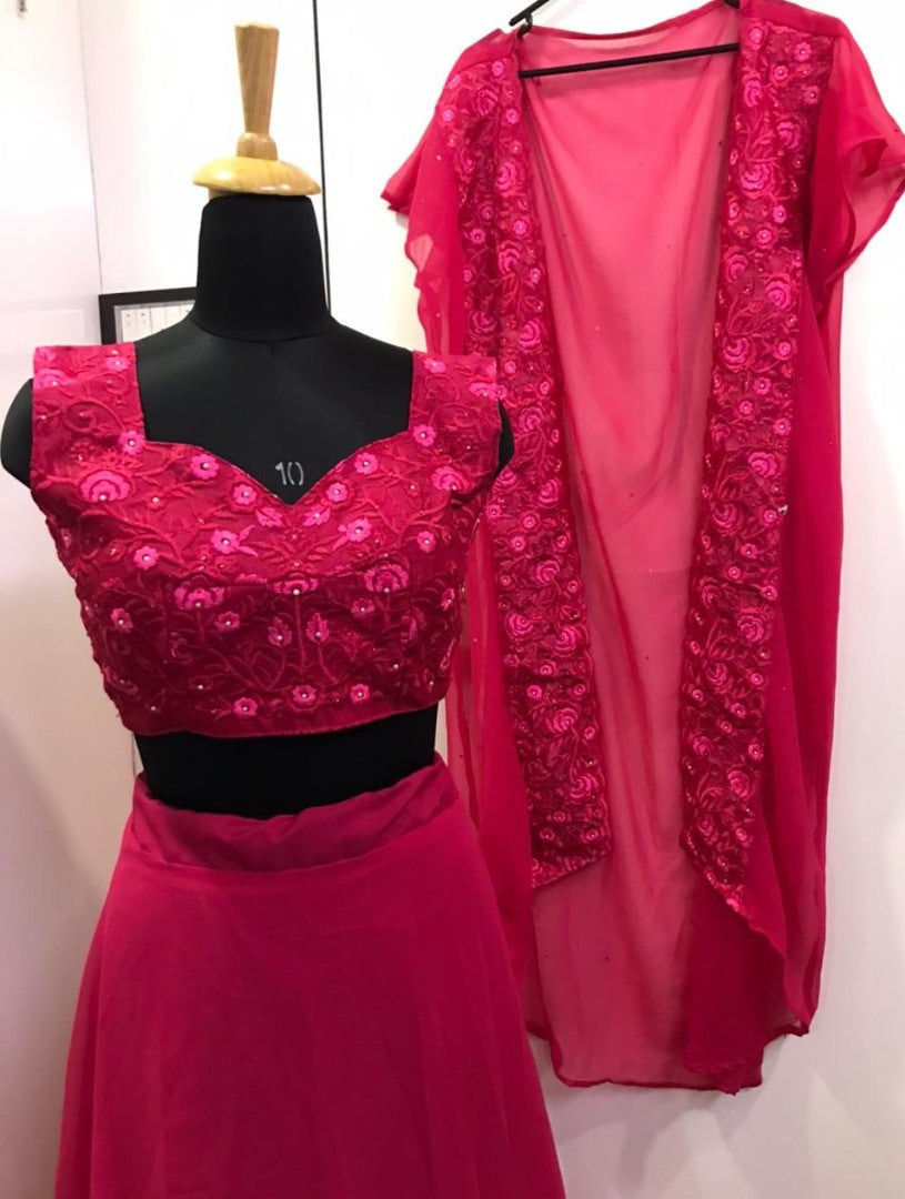 Pink georgette thread work party wear lehenga choli with shrug