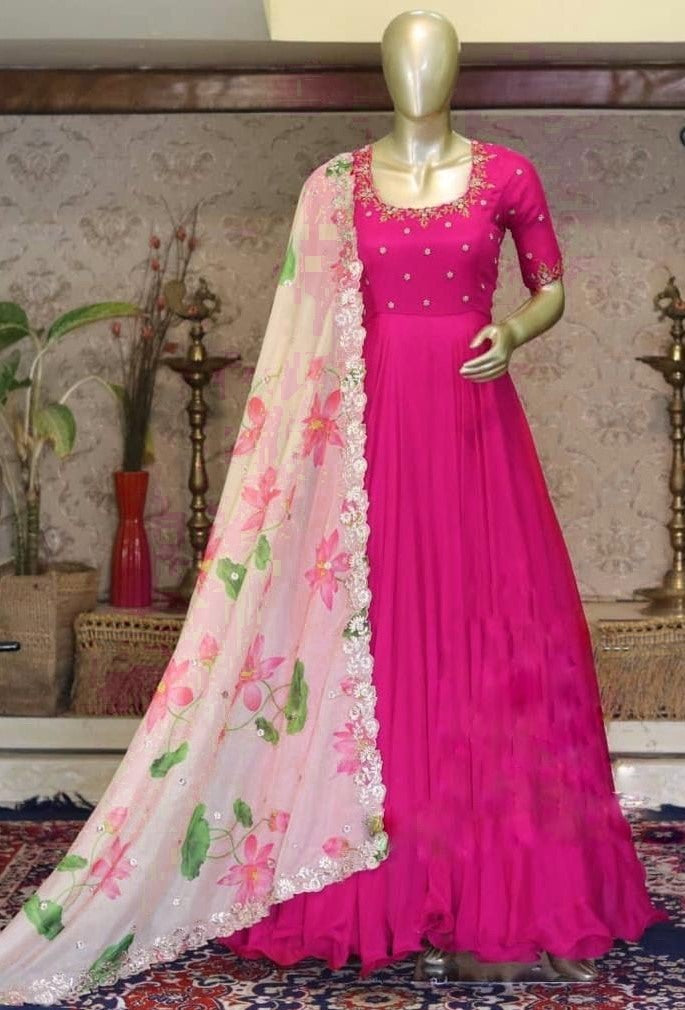 Pink georgette unbrella flair long gown with printed dupatta