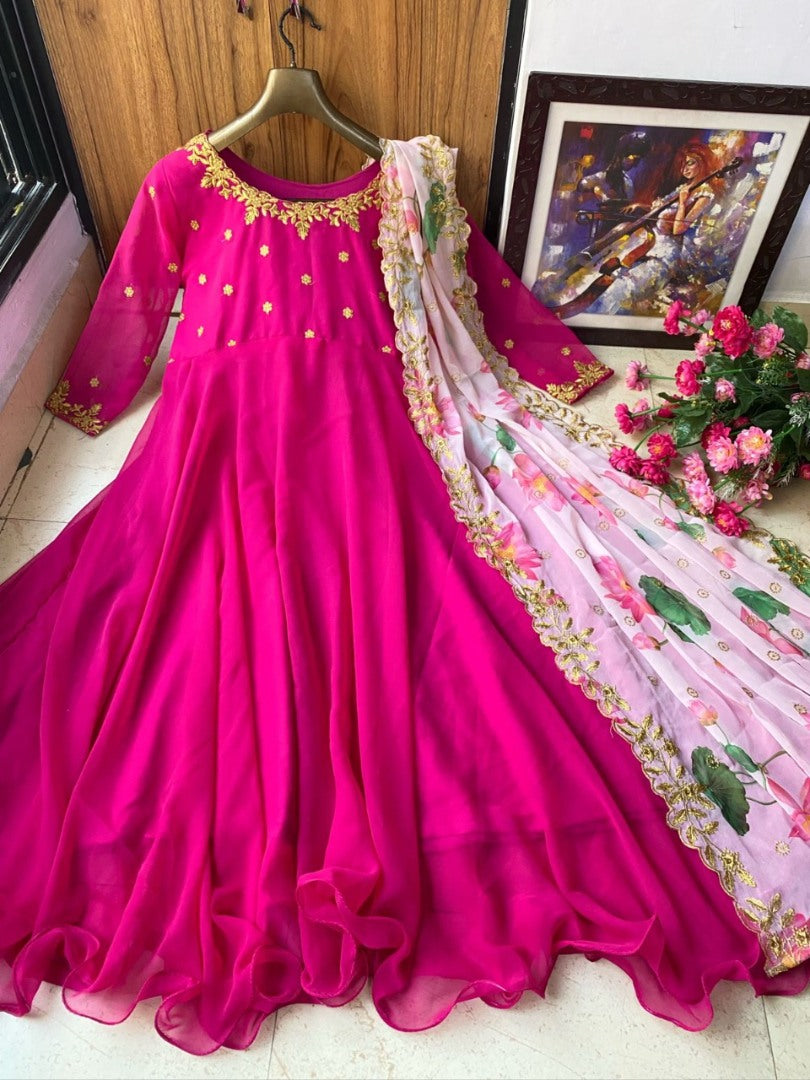 Pink georgette unbrella flair long gown with printed dupatta