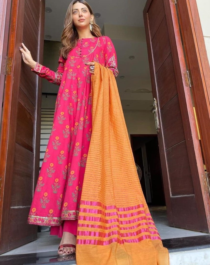 Pink heavy butter silk digital printed anarkali gown