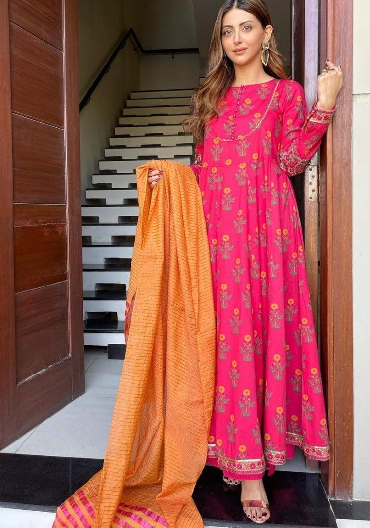 Pink heavy butter silk digital printed anarkali gown