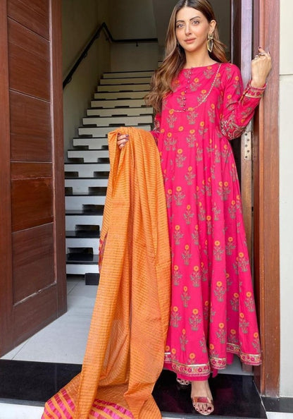 Pink heavy butter silk digital printed anarkali gown