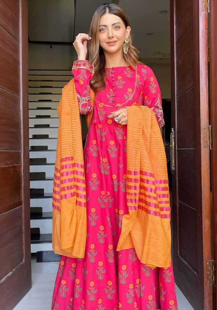 Pink heavy butter silk digital printed anarkali gown
