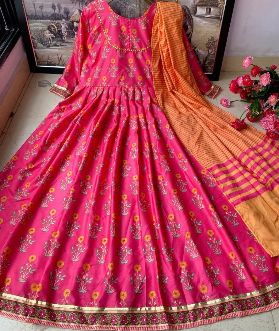 Pink heavy butter silk digital printed anarkali gown