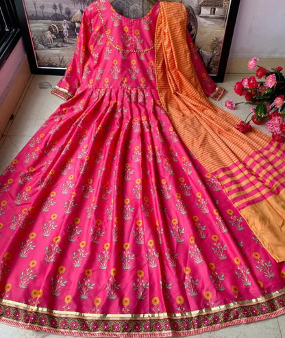 Pink heavy butter silk digital printed anarkali gown
