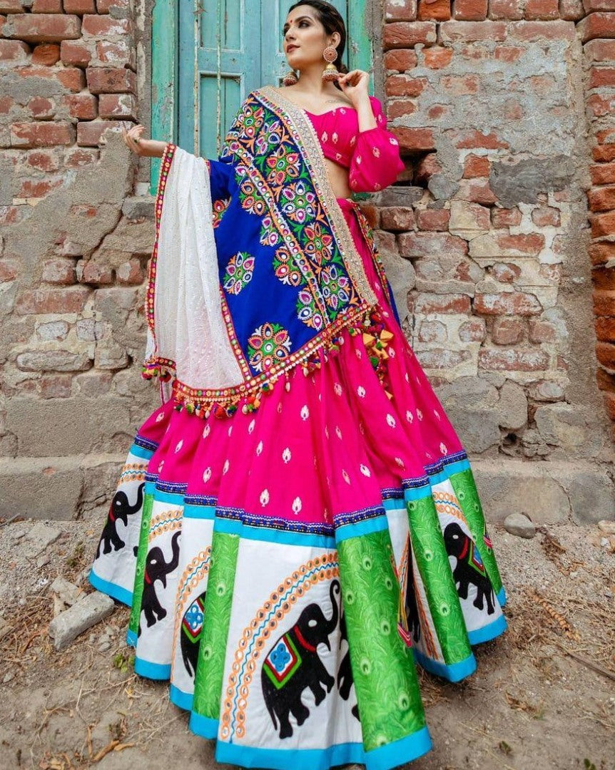 Pink heavy butter silk digital printed work lehenga choli