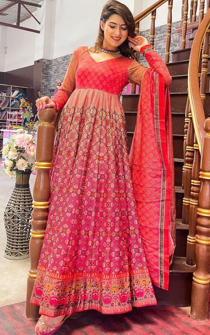 Pink heavy butter silk digital printed work party wear anarkali gown