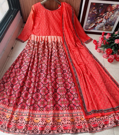 Pink heavy butter silk digital printed work party wear anarkali gown