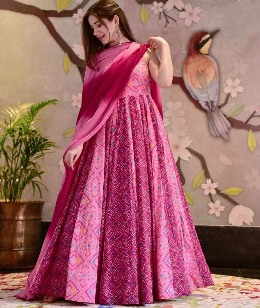 Pink heavy butter silk digital printed work partywear gown