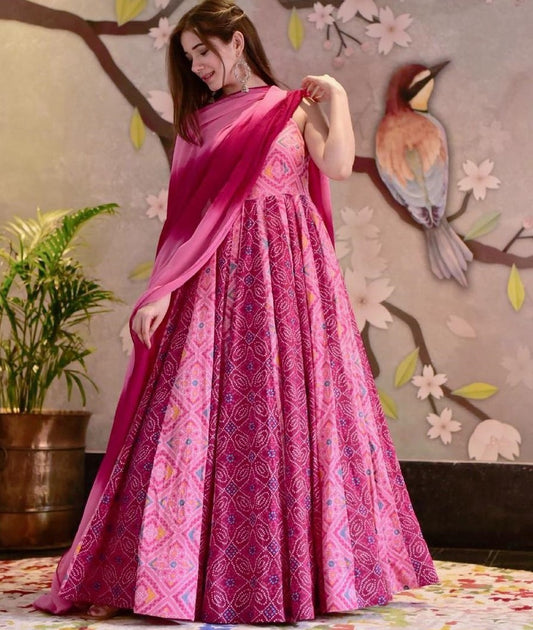 Pink heavy butter silk digital printed work partywear gown