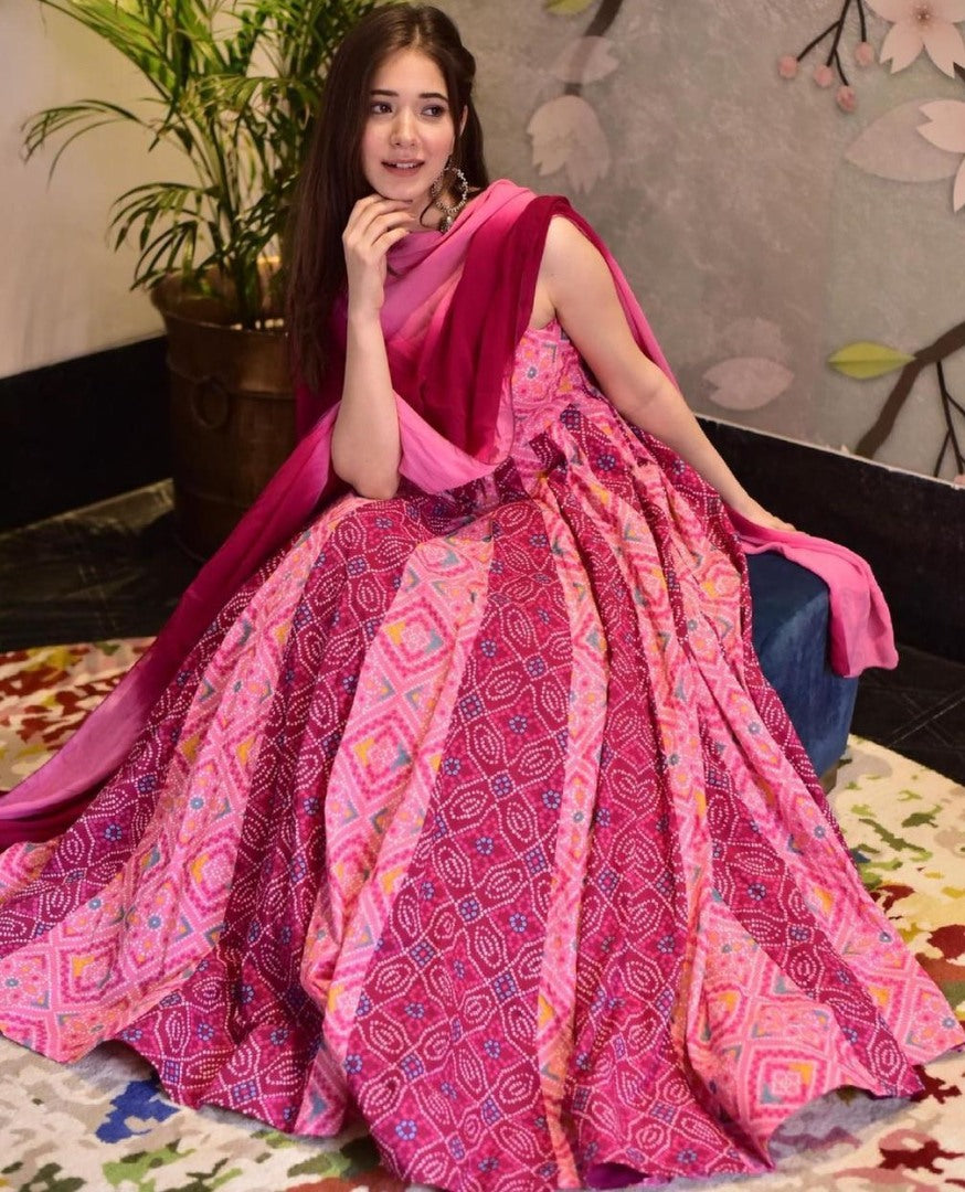 Pink heavy butter silk digital printed work partywear gown