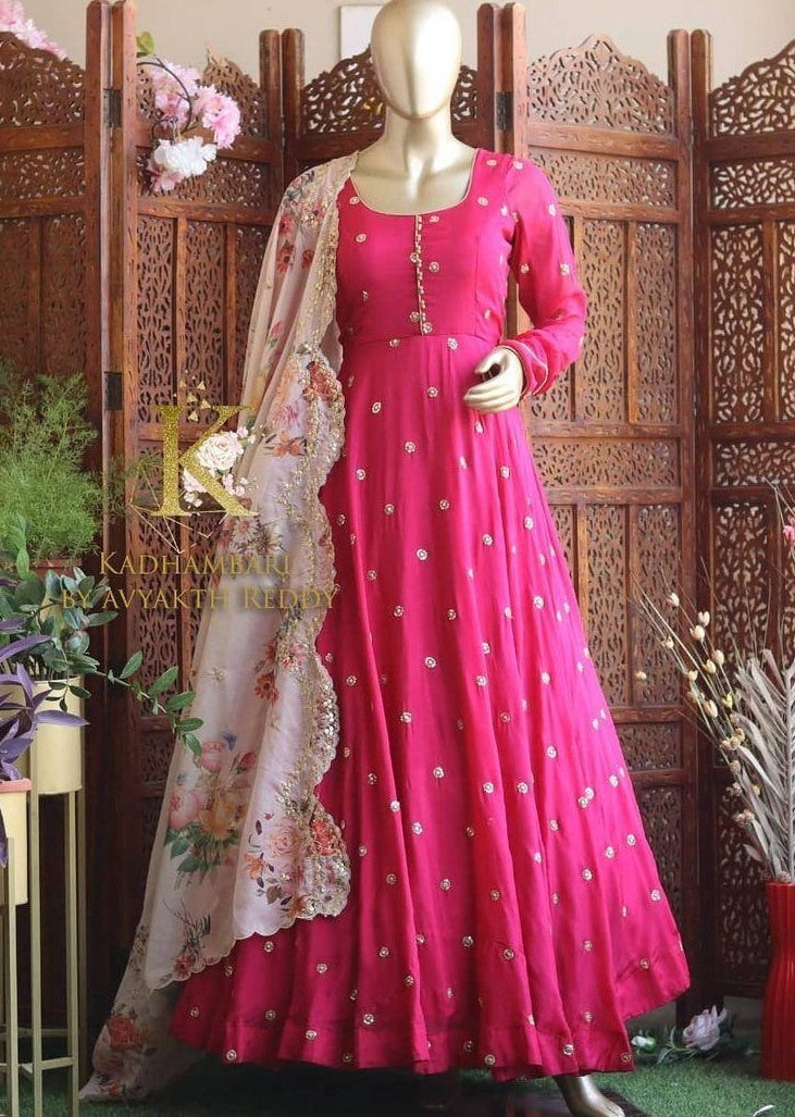 Pink heavy georgette embroidered digital printed work party wear gown