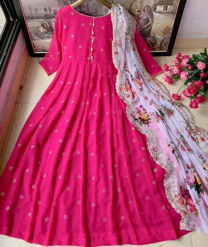 Pink heavy georgette embroidered digital printed work party wear gown