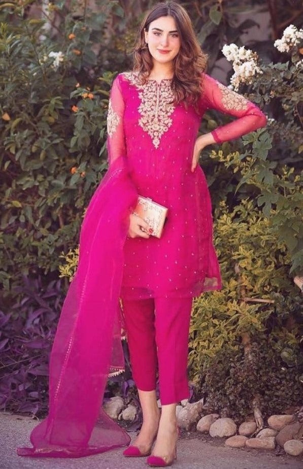Pink heavy georgette embroidered work salwar suit