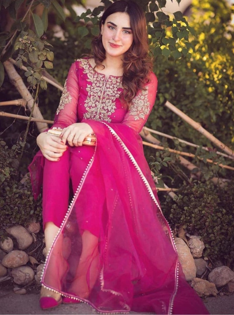 Pink heavy georgette embroidered work salwar suit