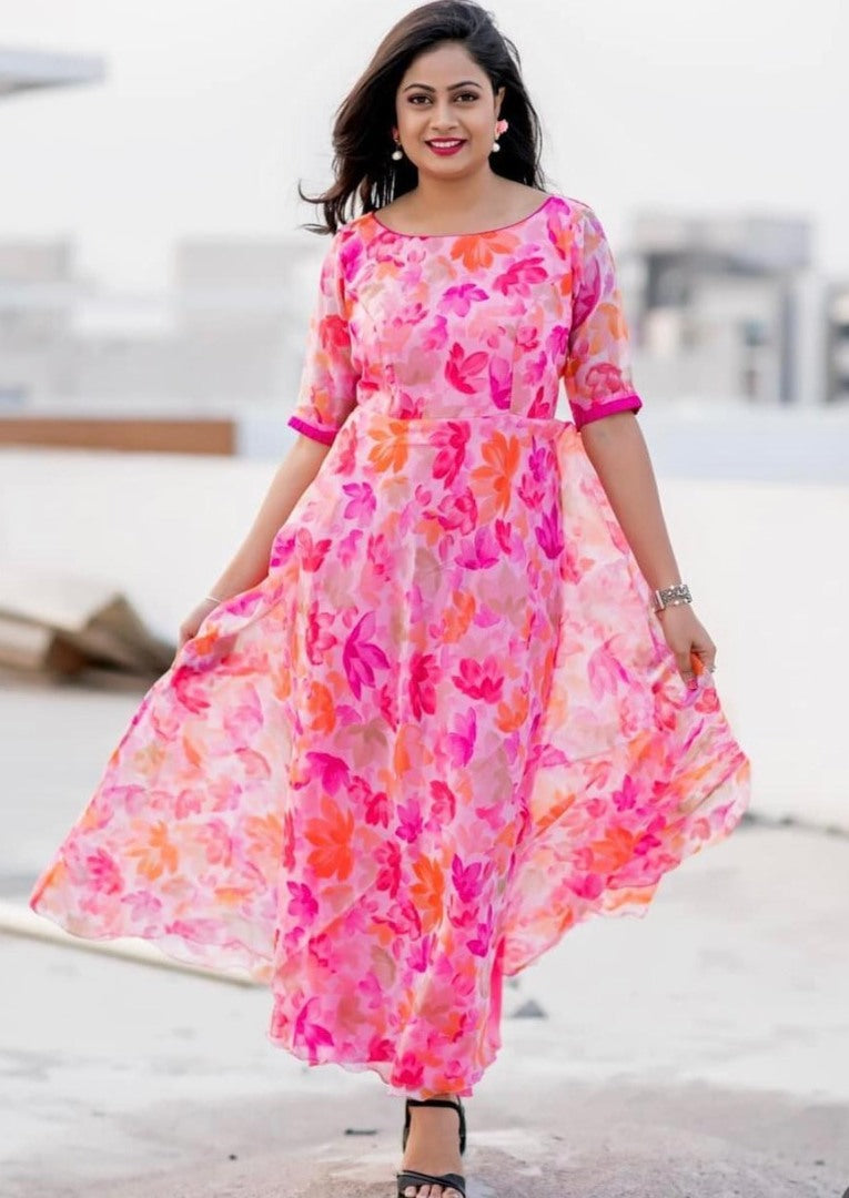 Pink heavy georgette floral printed work fancy gown
