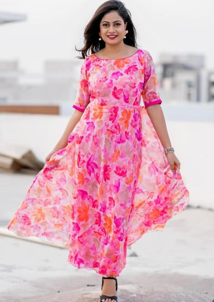 Pink heavy georgette floral printed work fancy gown