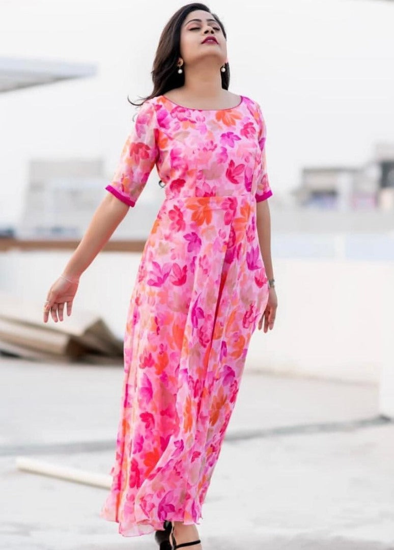 Pink heavy georgette floral printed work fancy gown